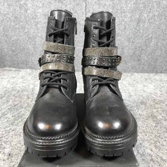 Steve Madden Womens Black Leather Combat Boots Rhinestone Harness Lug Sole Zip - Picture 4 of 16